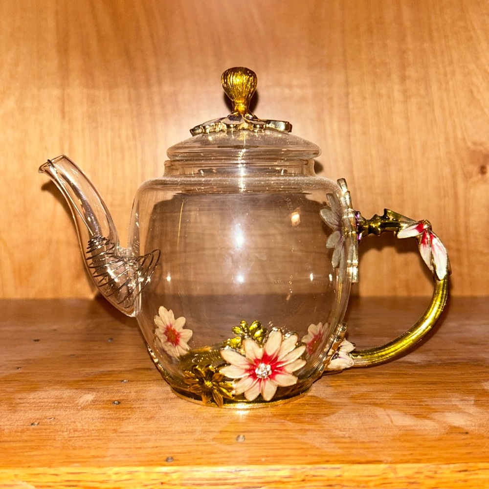Glass and Metal Floral Teapot